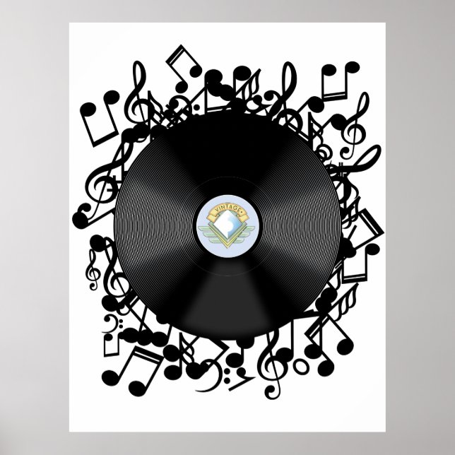 Old Vinyl Record and musical notes Poster (Front)