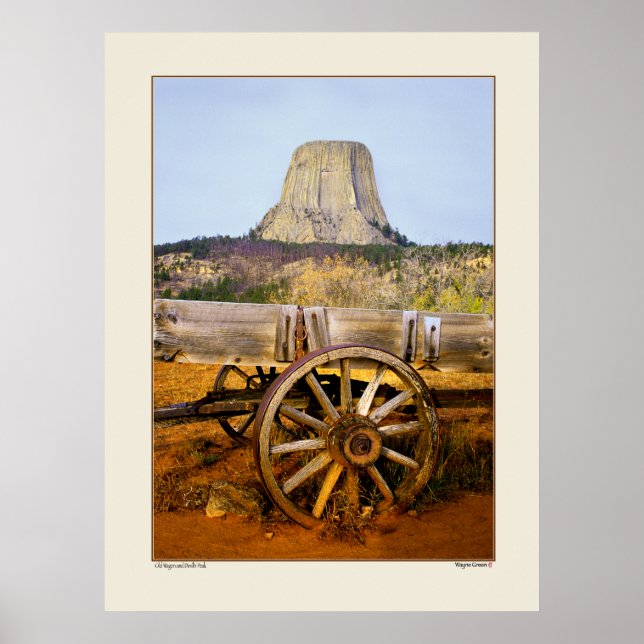 Old Wagon and Devil's Peak - Wyoming Poster (Front)