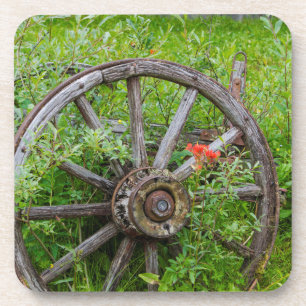 Old wagon wheel in historic old gold town 3 coaster