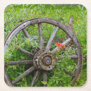Old wagon wheel in historic old gold town 3 square paper coaster