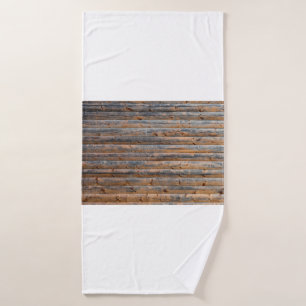 Old wall of wooden planks with cracks. Beam made o Bath Towel