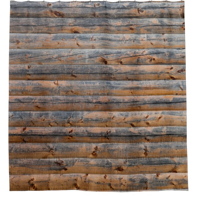 Old wall of wooden planks with cracks. Beam made o Shower Curtain (Front)