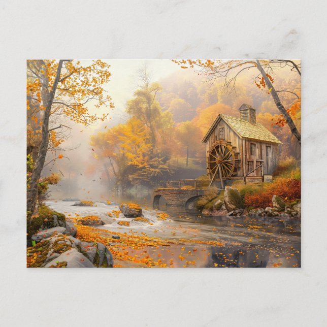 Old Water Mill by Stream in Autumn Postcard (Front)