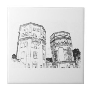 Old Water Towers Architecture Sketch Ceramic Tile