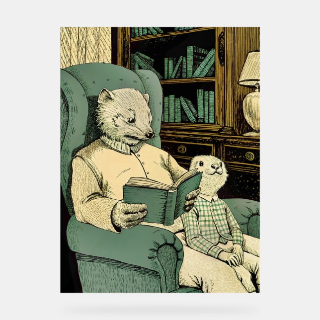 Old weasel reading a book to a young weasel acrylic sign (Front)