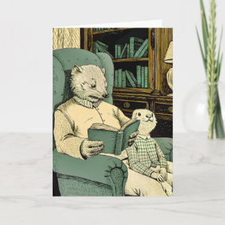 Old weasel reading a book to a young weasel card