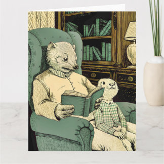 Old weasel reading a book to a young weasel card