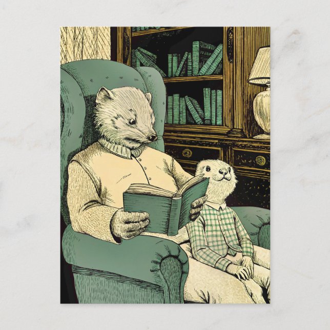 Old weasel reading a book to a young weasel postcard (Front)