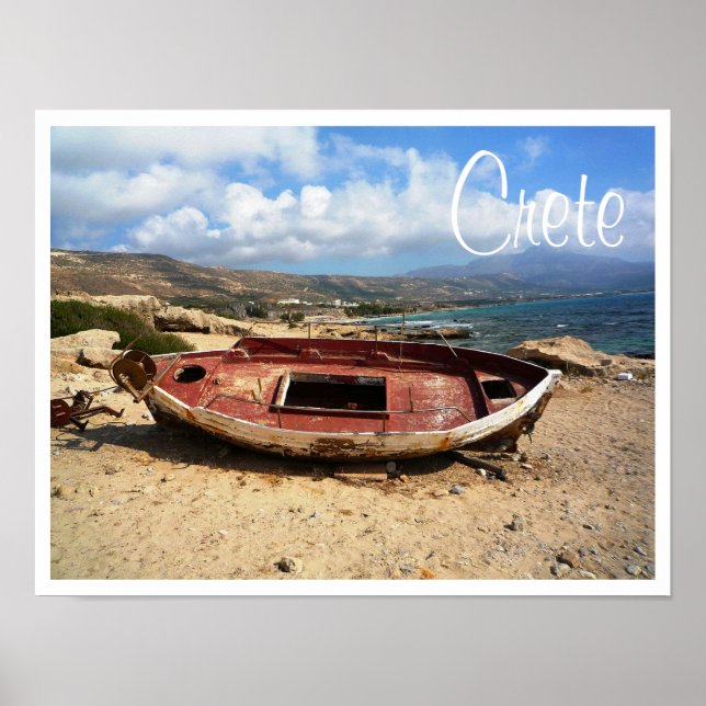 Old Weathered Boat on Crete Shore Poster (Front)