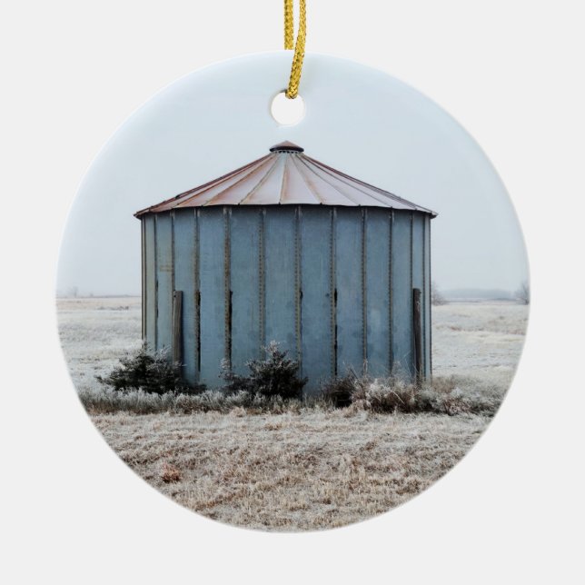 Old Weathered Grain Bin During Winter Time Ceramic Ornament (Front)