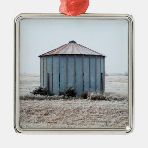 Old Weathered Grain Bin During Winter Time Metal Ornament