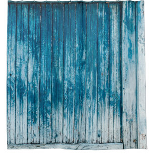Old weathered grunge wooden faded pale blue paint shower curtain