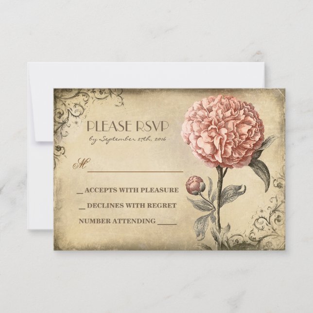 old wedding RSVP card with pink peony bloom (Front)
