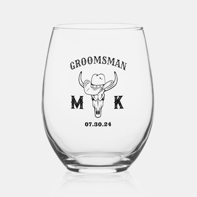 Old West Cowboy Personalised Groomsmen Monogram Stemless Wine Glass (Front)