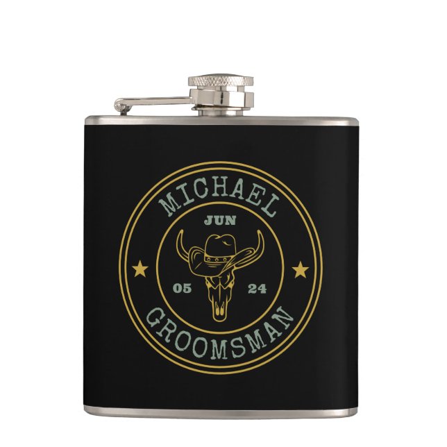 Old West Cowboy Rustic Logo Personalised Groomsmen Hip Flask (Front)