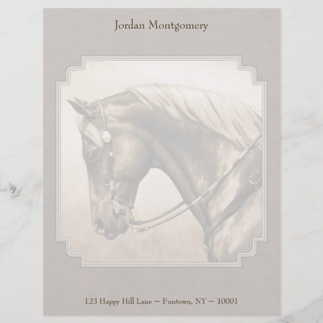 Old West Quarter Horse Sepia Brown Personalized Letterhead (Front)