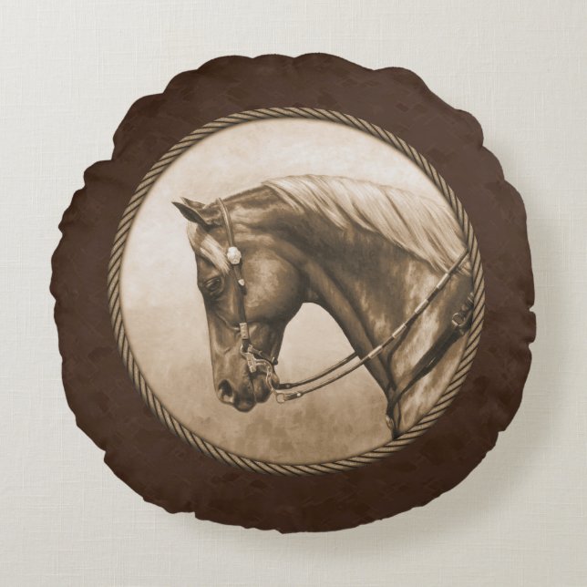 Old West Quarter Horse Sepia Brown Round Cushion (Front)