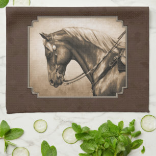 Old West Quarter Horse Sepia Brown Tea Towel