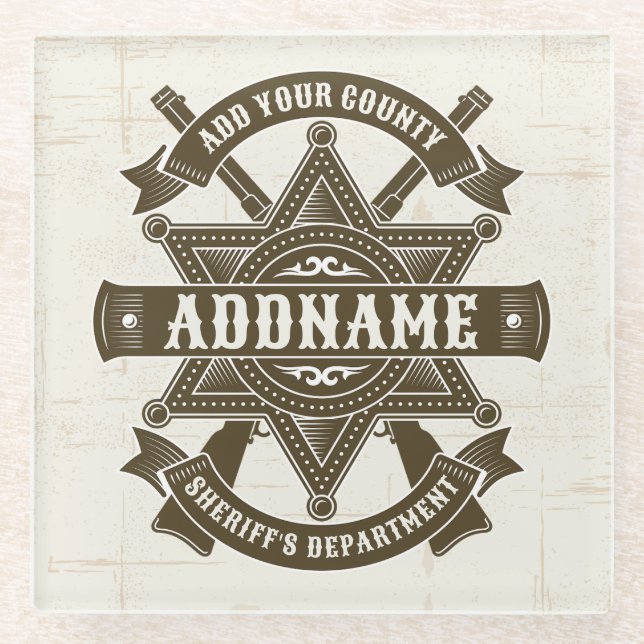 Old West Sheriff Deputy Rifles Badge Personalised Glass Coaster (Front)