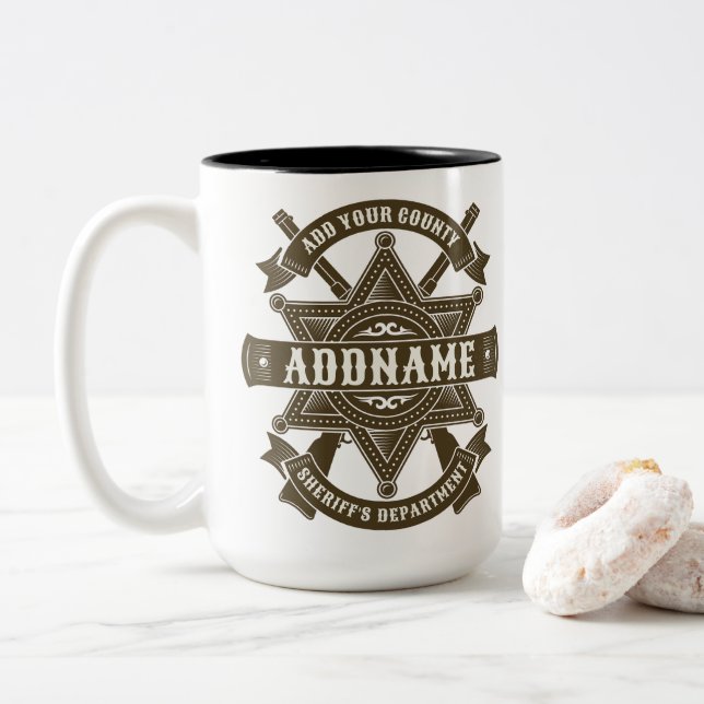 Old West Sheriff Deputy Rifles Badge Personalised Two-Tone Coffee Mug (With Donut)
