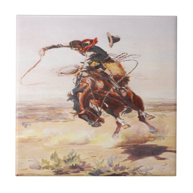Old Western Cowboy Riding A Bucking Horse Tile (Front)