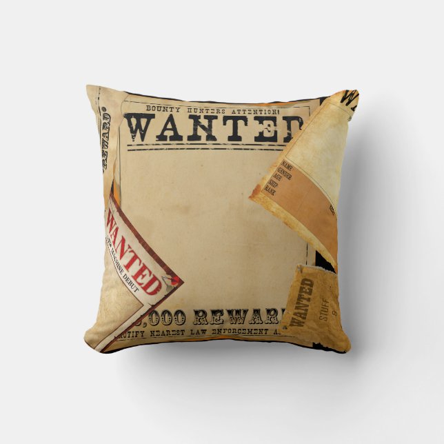 Old Western Wanted Posters On Black Cushion (Front)