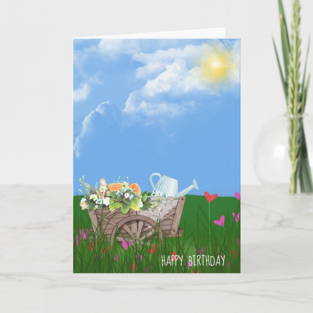 old wheelbarrow with flowers birthday card (Front)