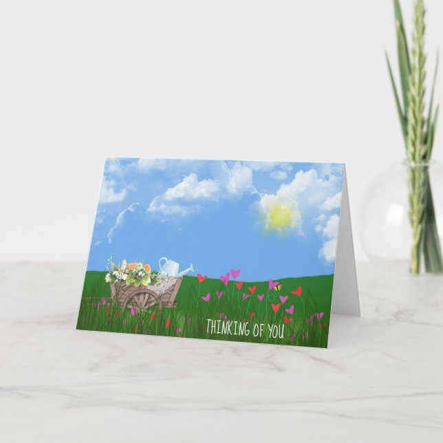 old wheelbarrow with flowers thinking of you card (Front)