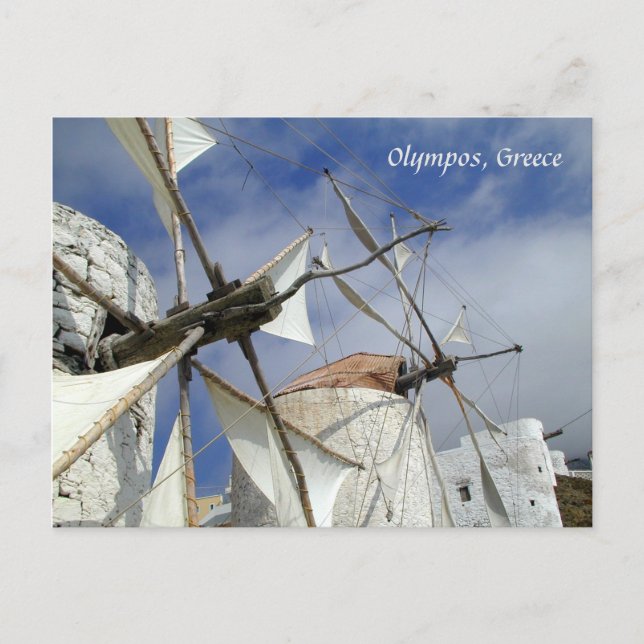 Old Windmills Olympos Karpathos, Greece with text Postcard (Front)