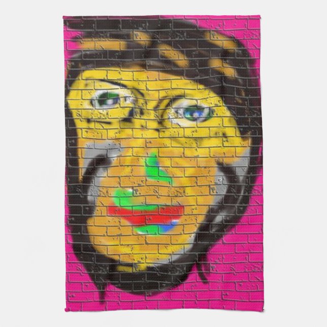 Old Wise Biker Face, Graffiti Art Tea Towel (Vertical)