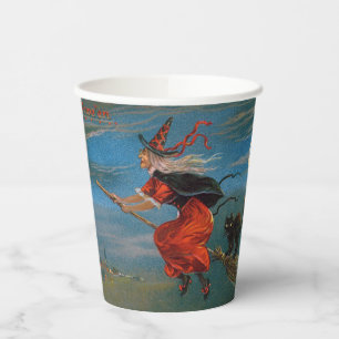 Old Witch Flying Broom, Black Cat, Halloween Paper Cups