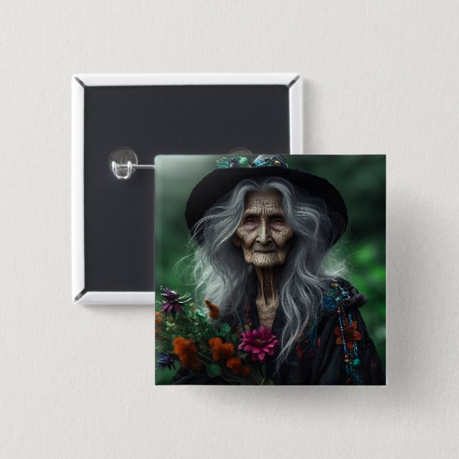 Old Witch Gathering Herbs for Potions  15 Cm Square Badge (Front & Back)