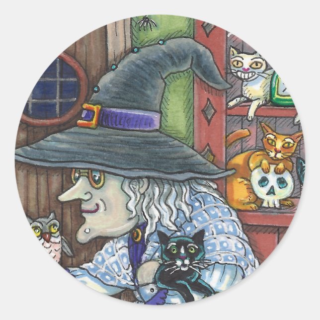 OLD WITCH HAPPY HOME, LOTS OF CATS & OWL HALLOWEEN CLASSIC ROUND STICKER (Front)