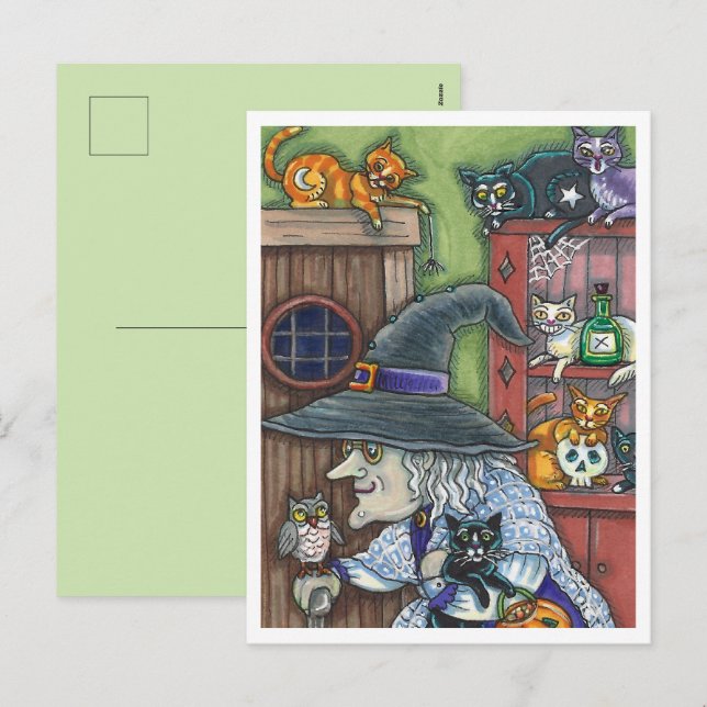 OLD WITCH HAPPY HOME, LOTS OF CATS & OWL HALLOWEEN HOLIDAY POSTCARD (Front/Back)