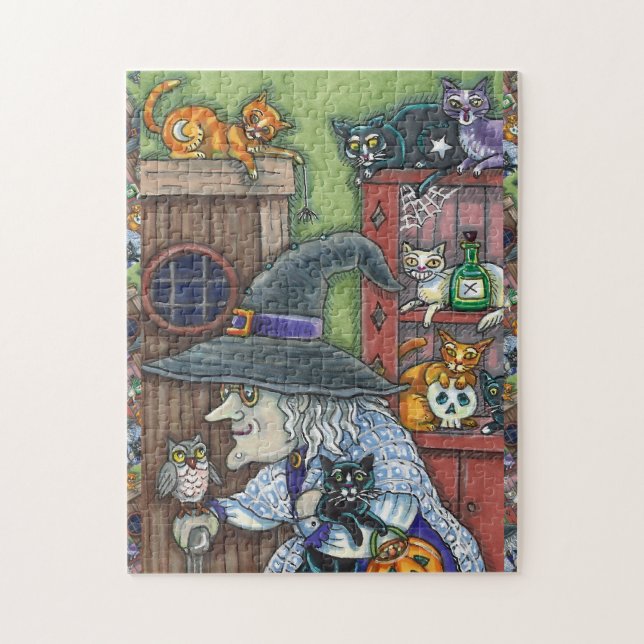 OLD WITCH HAPPY HOME, LOTS OF CATS & OWL HALLOWEEN JIGSAW PUZZLE (Vertical)
