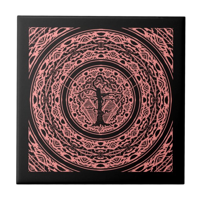 Old Withered Black & Pink Rose Abstract Tree Ceramic Tile (Front)