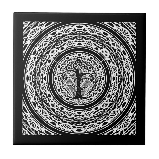 Old Withered Black & White Abstract Tree Ceramic Tile (Front)