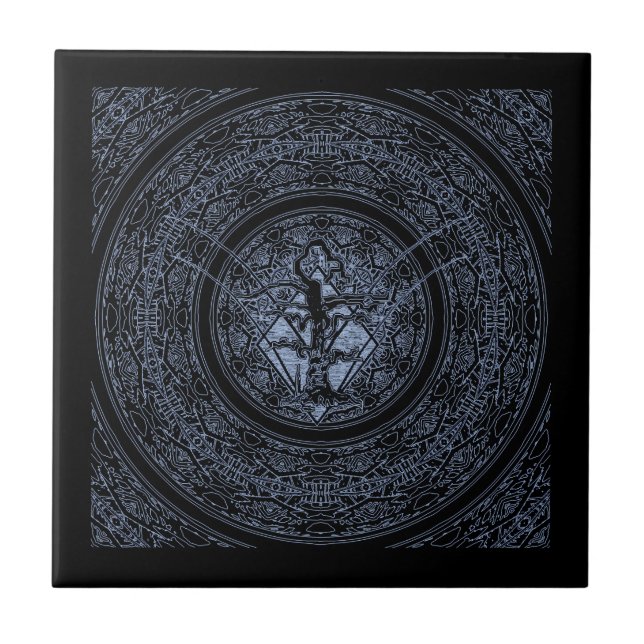 Old Withered Blue & Black Negative Abstract Tree Ceramic Tile (Front)
