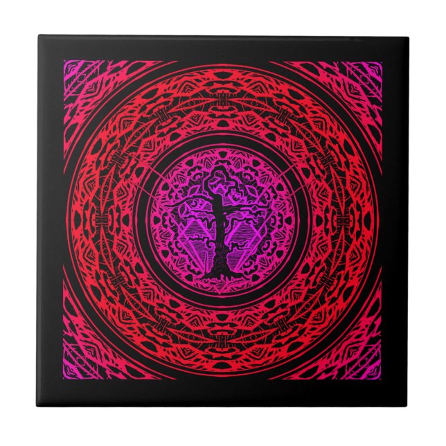 Old Withered Purple Red Burst Abstract Tree Ceramic Tile (Front)