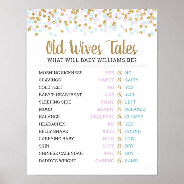 Old Wives Tales Baby Gender Reveal Game Poster (Front)