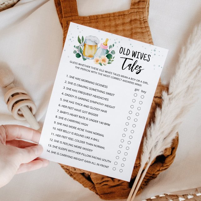 Old Wives Tales Game Baby Is Brewing card pink (Beer and Floral Baby is Brewing Baby Shower Old Wives Tales Game Card)