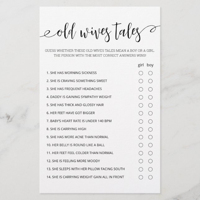 Old Wives Tales Game Baby Shower party game (Front)