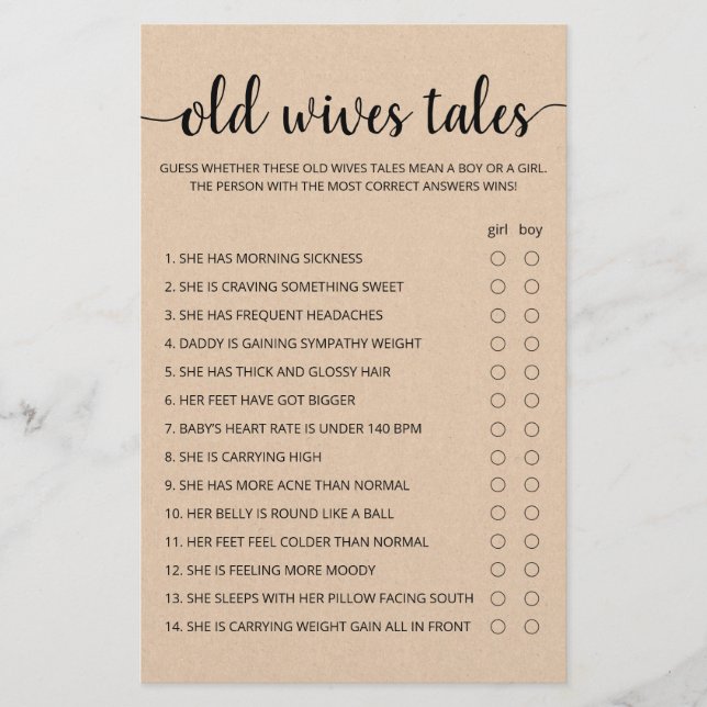 Old Wives Tales Game Baby Shower party game (Front)
