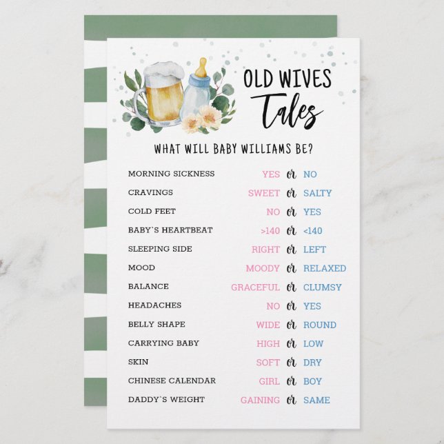 Old Wives Tales Gender Reveal Baby Shower Game (Front/Back)
