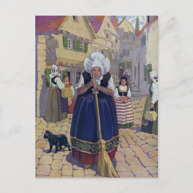 Old Woman, Cat and Broom Nursery Rhyme Postcard (Front)
