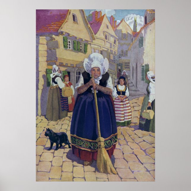 Old Woman, Cat and Broom Nursery Rhyme Poster (Front)