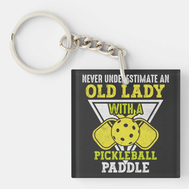 Old Woman Love Pickleball Sport, Funny Pickleball Key Ring (Front)