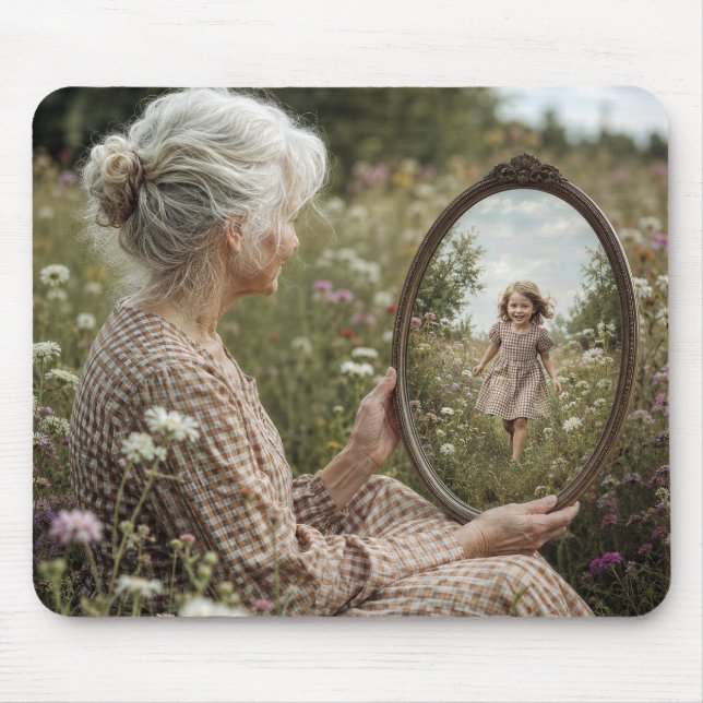 Old Woman Seeing a Reflection of Younger Self Mouse Pad (Front)