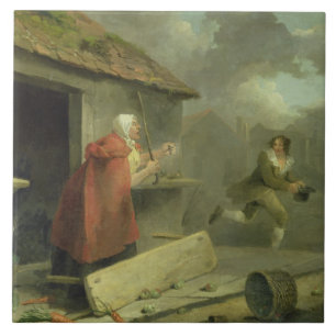 Old Woman Waving a Stick at a Boy, 1793 (oil on ca Tile