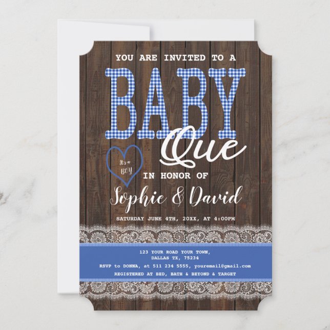 Old Wood Blue Gingham Boy Baby Shower BBQ Invitation (Front)